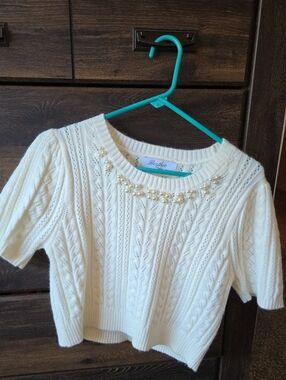 Berthie Paris Cream Pearl-Embellished Cable Knit Sweater
